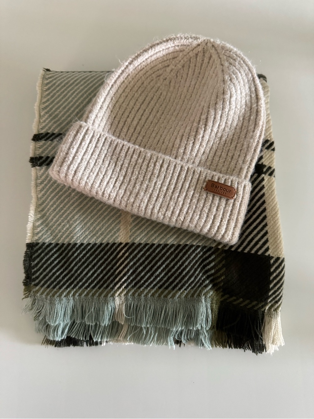 Barbour Light Beige Ribbed Fold-Over Beanie